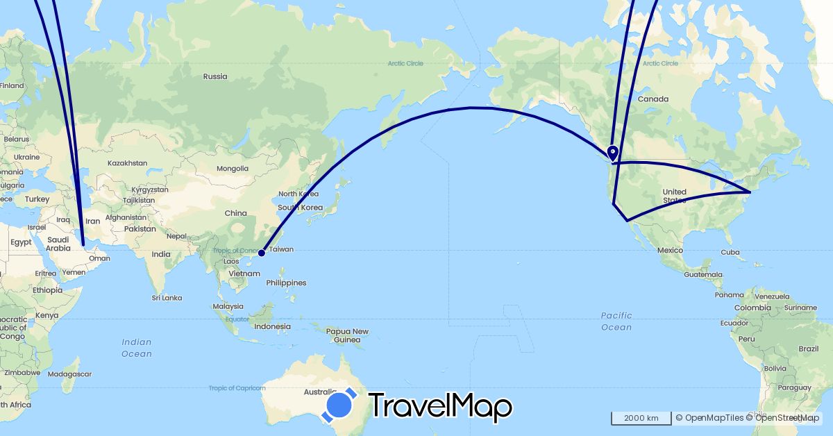 TravelMap itinerary: driving in Canada, China, South Korea, Qatar, United States (Asia, North America)